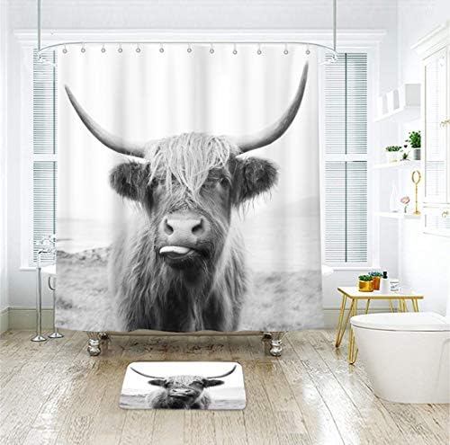 LİGHTINHOME Yayla İnek Duş Perdesi 72x72 İnç Çiftlik Rustik Boğa Portre Batı Sığır Komik Sevimli Ülke Su Geçirmez