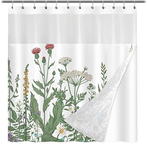 Snap-in Kumaş Astarlı Yeşil Çiçek Duş Perdesi, Banyo Dekoru için Örgü Üst Pencereli Çiçek Duş Perdeleri, Bitki Banyo