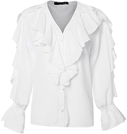 Grafik Tees Kadınlar için, düz Renk Ruffles V Boyun Bluz Zarif Puf Kollu Gömlek Kadınlar için